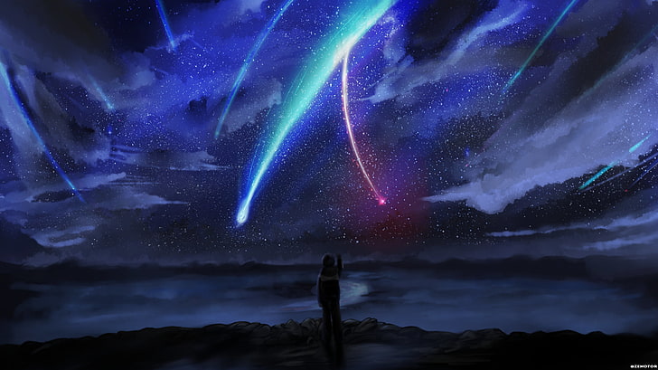 Premium AI Image | anime girl standing on cliff looking at rainbow over  waterfall generative ai