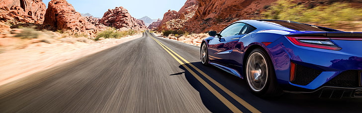 blue coupe, Acura NSX, road, motion blur, car, vehicle, dual monitors, HD wallpaper
