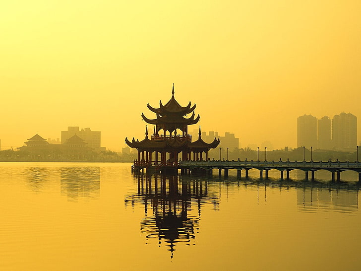 brown wooden temple, lotus, lake, kaohsiung, taiwan, asia, architecture, HD wallpaper