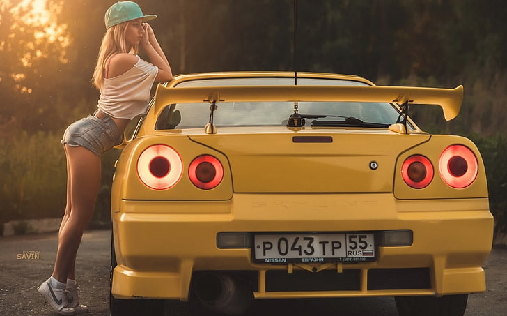 yellow vehicle, Nissan Skyline, car, women, ass, jean shorts, HD wallpaper