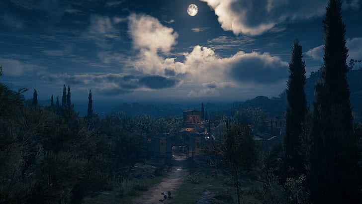 Assassins Creed: Odyssey, screen shot, video games, night, Moon, HD wallpaper
