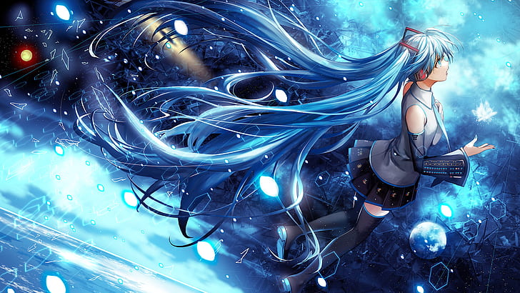 Hatsune Miku, Anime, Vocaloid, Space, Long Hair, Twintails, Detached Sleeves