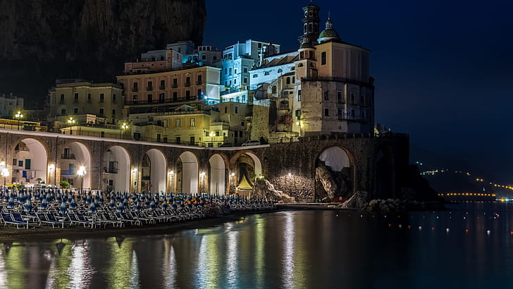 Naples, Amalfi, Campania, lights, Italy, sea, night, house