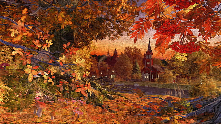 landscape, autumn landscape, red leaves, artwork, painting
