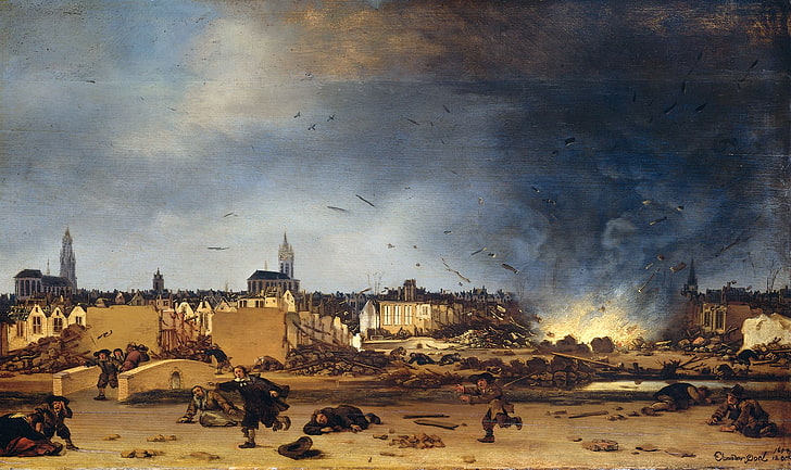 tree, oil, picture, Livens Egbert van der Pool, The explosion of the Powder Tower in Delft, HD wallpaper