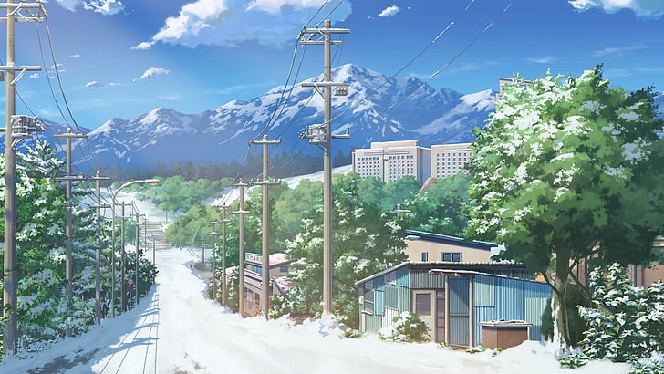 city illustration, anime, landscape, snow, cold temperature, tree, HD wallpaper