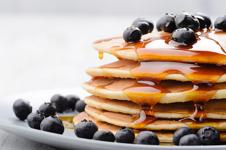 pancake with blueberries, food, honey, pancakes, food and drink