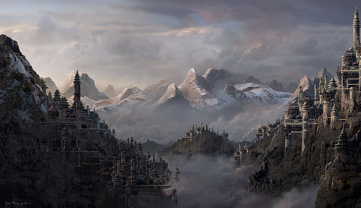 mountain peak during foggy season, digital art, fantasy art, futuristic, HD wallpaper