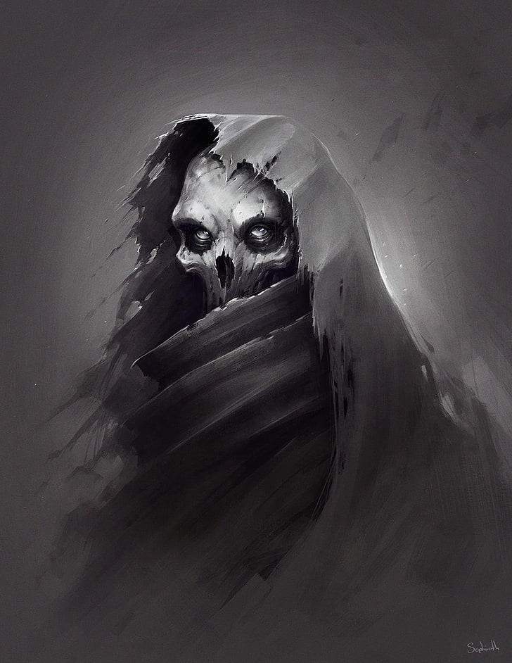 Grim Reaper wallpaper, drawing, digital art, men, skull, hood