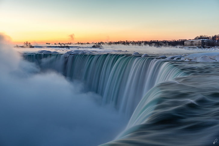 waterfall, river, snow, long exposure, winter, nature, Niagara Falls, HD wallpaper
