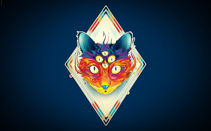 red and teal fox with six eyes logo, Matei Apostolescu, surreal, HD wallpaper