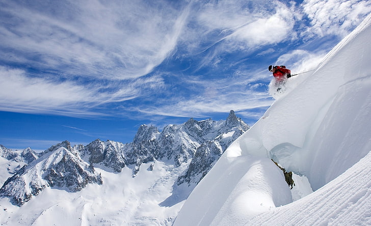 Skiing HD Wallpaper, red and black jacket, Sports, snow, mountain, HD wallpaper