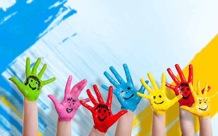 seven children hands with paints photo, happiness, positive, smile, HD wallpaper