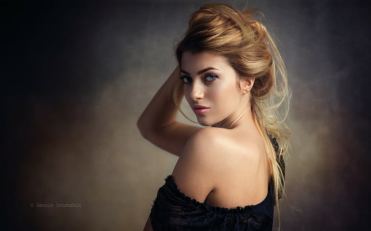blonde, blue eyes, simple background, hands on head, portrait, HD wallpaper