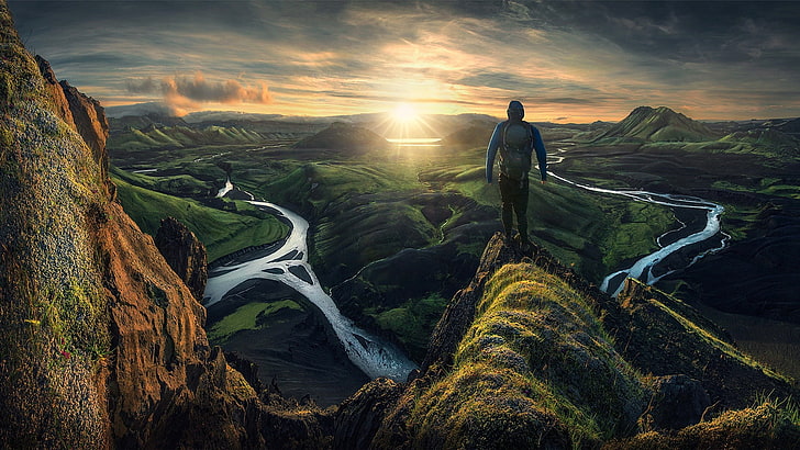 man standing on a cliff illustration, nature, landscape, mountains