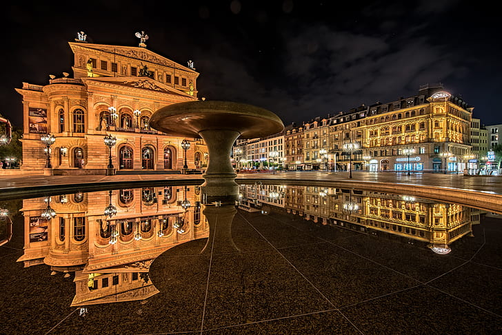 reflection, building, Germany, fountain, night city, Frankfurt am Main, HD wallpaper