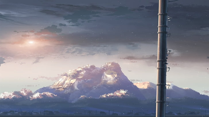 5 Centimeters Per Second, anime, power lines, mountains, sunlight, HD wallpaper