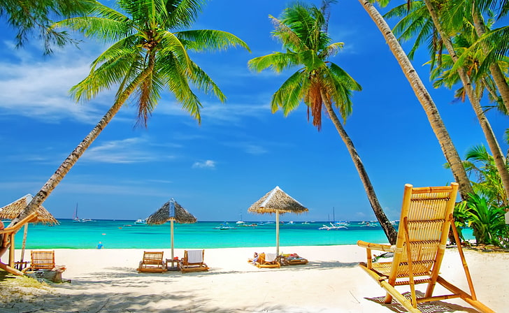 Tropical Paradise Beach, beige rattan chair, Seasons, Summer, HD wallpaper