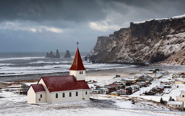 white and red cathedral, landscape, church, cliff, sea, snow, HD wallpaper