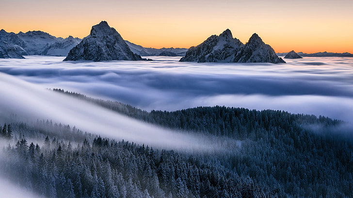dawn, sky, mountain, morning, mountain range, haze, freezing, HD wallpaper