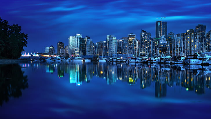Vancouver, British Columbia, Canada, yacht, bay, reflection, buildings, city night, HD wallpaper