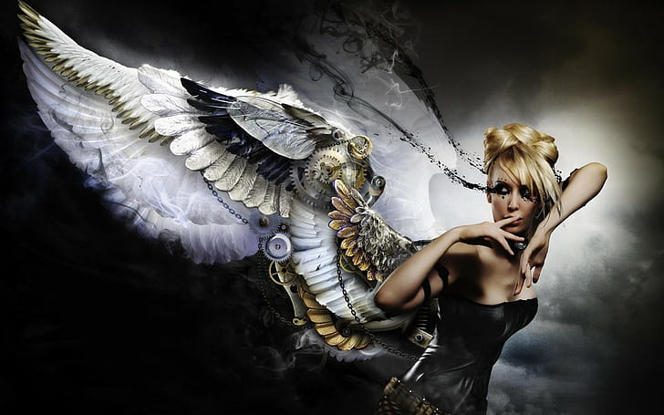 white winged fairy graphic, robotic, wings, steampunk, women, HD wallpaper
