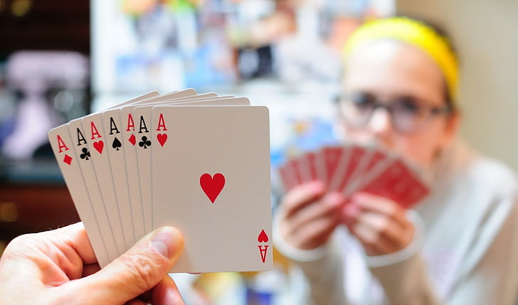 white and red playing cards, aces, holding, gambling, human hand, HD wallpaper