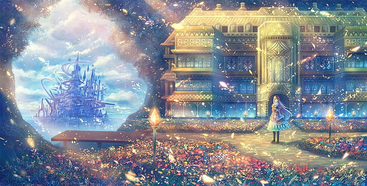 anime girl, fantasy, leaves, shiny, castle, illuminated, event, HD wallpaper