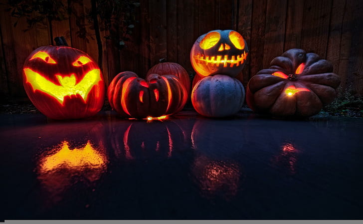 halloween, holiday, pumpkin, lanterns, faces, HD wallpaper
