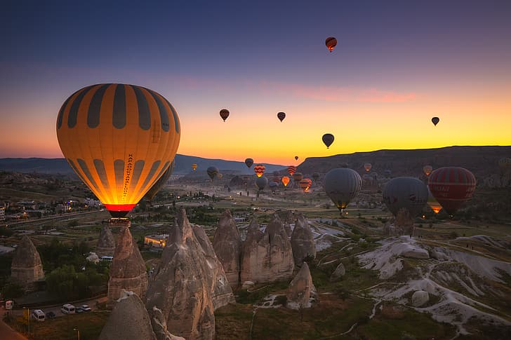 landscape, nature, hot air balloons, Cappadocia, Turkey, sky