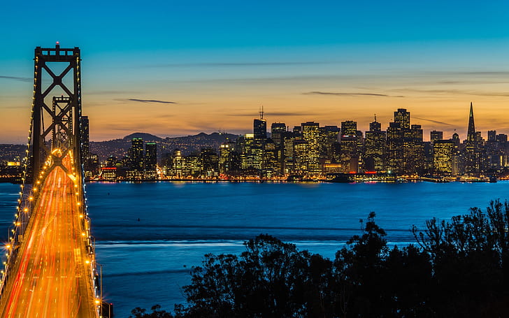 Bay Bridge, Oakland, San Francisco, California, USA, night, city lights, HD wallpaper