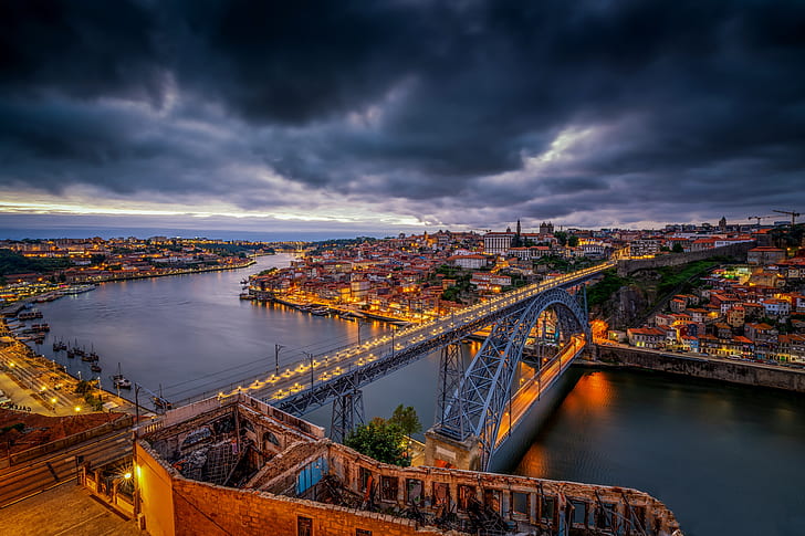 bridge, river, Portugal, night city, Vila Nova de Gaia, Porto