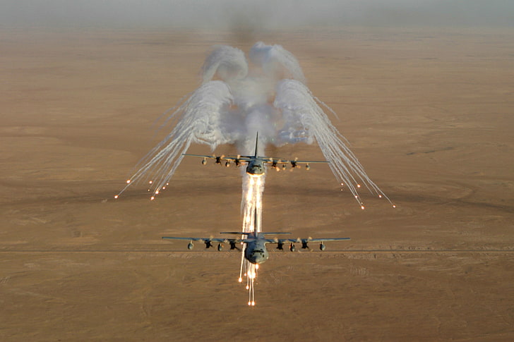 two airplanes, flares, Lockheed C-130 Hercules, military, motion