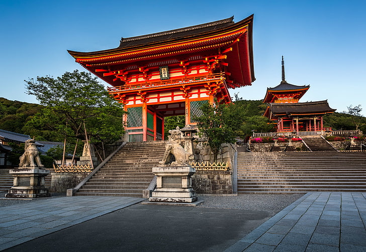 orange concrete temple, gate, Japan, Kyoto, Kiyomizu-dera Temple, HD wallpaper