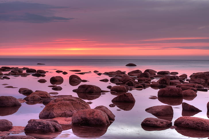 gray rocks in body of water, Dawn, seashore, HDR, photomatix, HD wallpaper