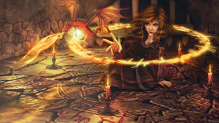 wizard with a dragon digital art, fantasy art, women, fire, magic, HD wallpaper