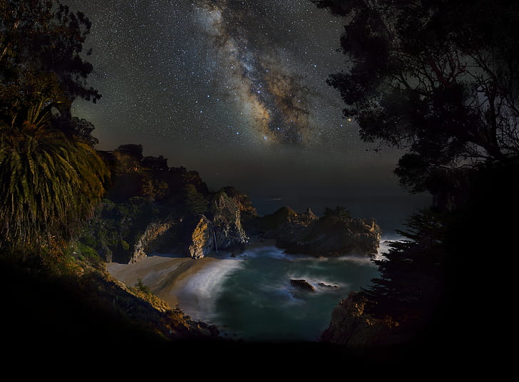 Earth, Big Sur, California, McWay Falls, Milky Way, Mountain