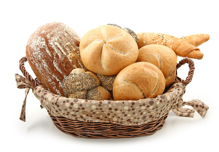 variety of breads and brown wicker basket, batch, rolls, food