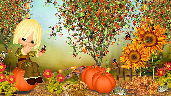 Fall Excitement, girl in brown overall in the garden clip art, HD wallpaper