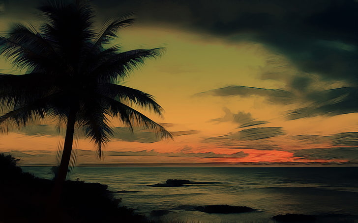 body of water painting, beach, sky, palm tree, sea, tropical climate