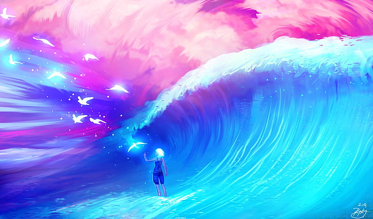 ryky, painting, digital art, birds, waves, cyan, pink, one person