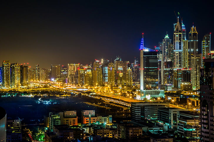 arab, cities, dubai, emirates, houses, megapolis, night, united, HD wallpaper