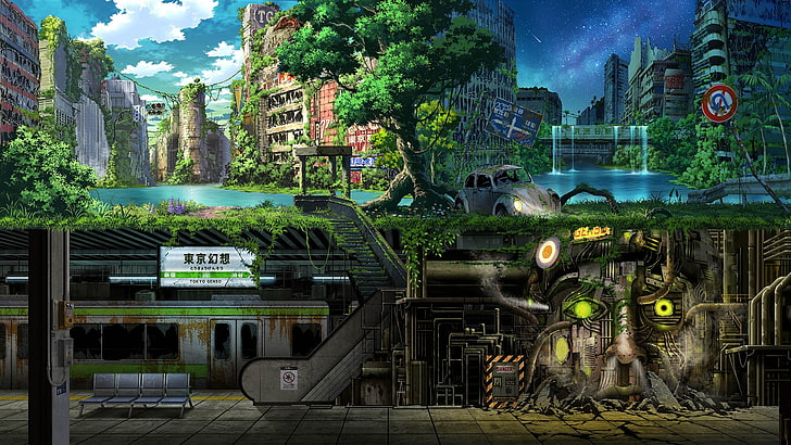anime apocalypse, ruins, green, scenic, underground, architecture