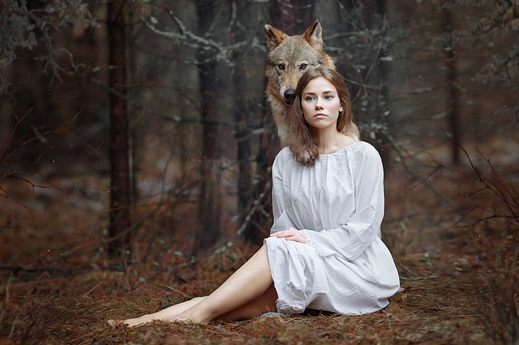 forest, girl, wolf, Svetlana Nicotine, Alena Zvereva, HD wallpaper