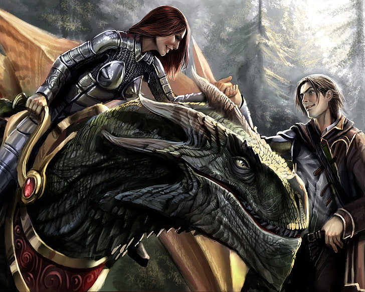 woman riding dragon illustration, guy, girl, hands, gentleman