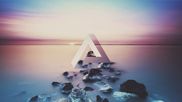 triangle, geometry, lake, sunset, Penrose triangle, water, sky, HD wallpaper