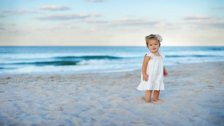 girl's white tank dress, children, beach, little girl, baby, land