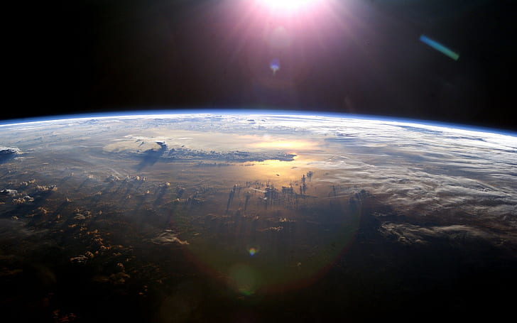 space, planet, lens flare, sun rays, atmosphere