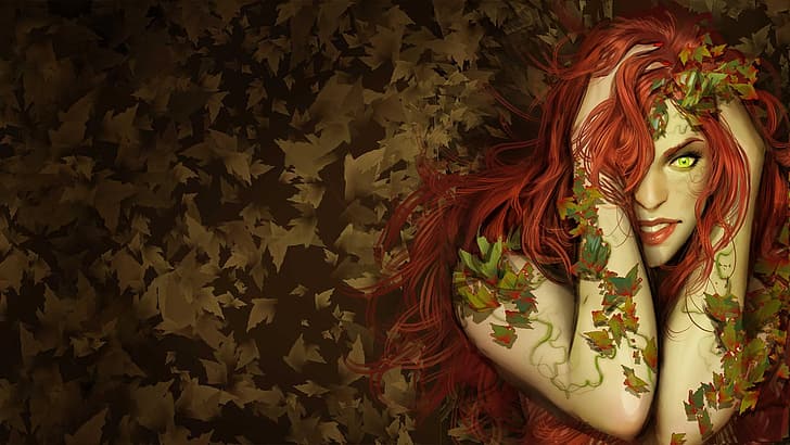 autumn, leaves, girl, red, comic, green-eyed, DC Comics, Poison Ivy