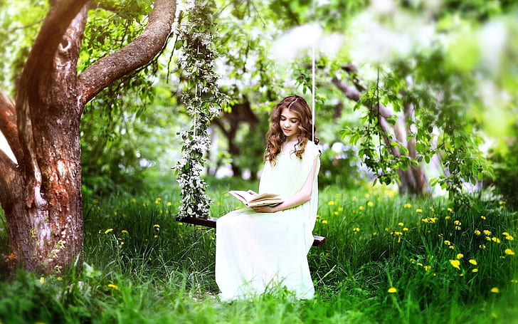 Grass, tree, spring, white dress girl read book
